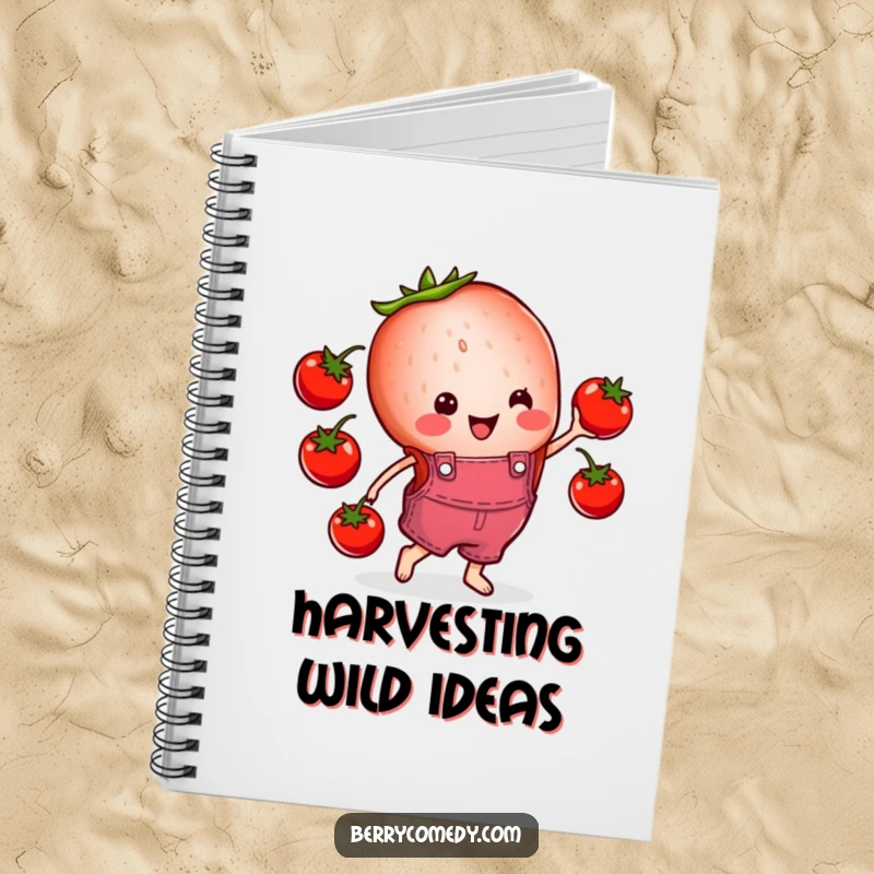 Funny notebook with a cheerful strawberry slice in overalls, happily juggling cherry tomatoes, perfect for notes and doodles.