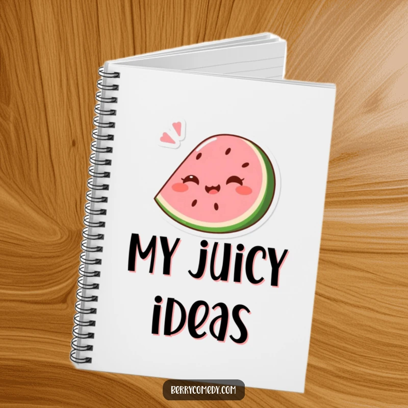 Funny notebook with a giggling pink watermelon wedge comically squashed slightly under a playful bounce, perfect for notes and summer ideas.