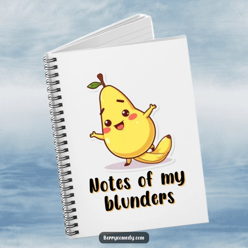 Funny notebook cover featuring a pear character comically slipping on a banana peel, perfect for jotting down humorous thoughts.