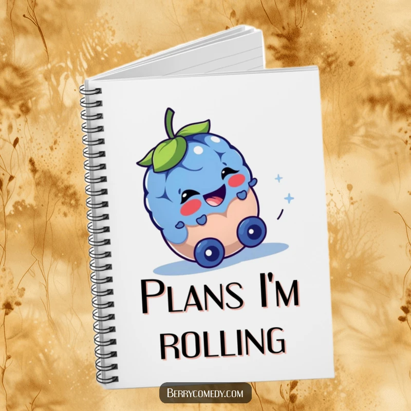 Funny notebook cover featuring a cheerful blueberry rolling downhill, its eyes sparkling with mischief, perfect for jotting down ideas.