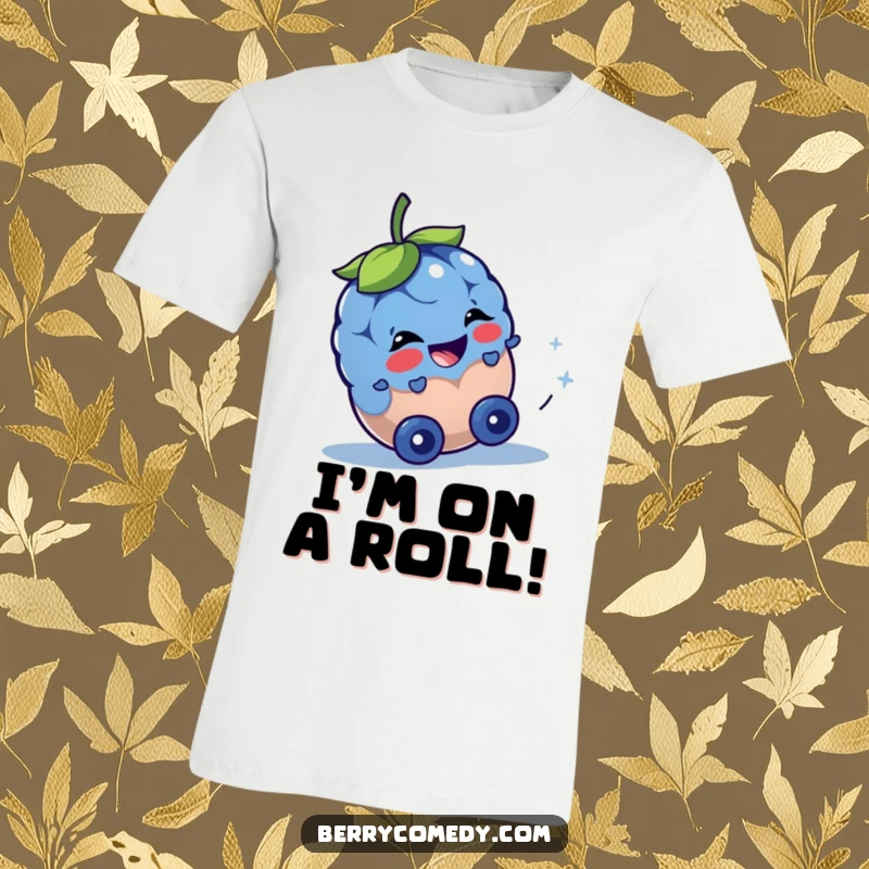 Funny t-shirt depicting a happy blueberry rolling down a hill, eyes sparkling with mischievous glee, celebrating carefree fun.