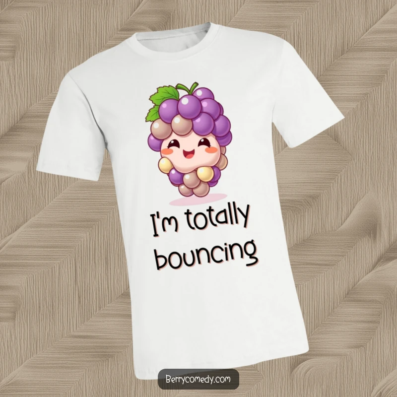Funny t-shirt depicting a happy grape cluster character bouncing playfully like a ball, its giggles emanating pure delight.