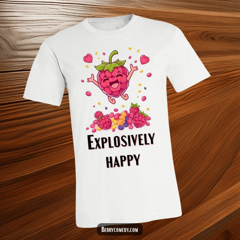 Funny t-shirt depicting a joyful raspberry character explosively leaping, scattering colorful seeds with sheer delight and energetic movement.