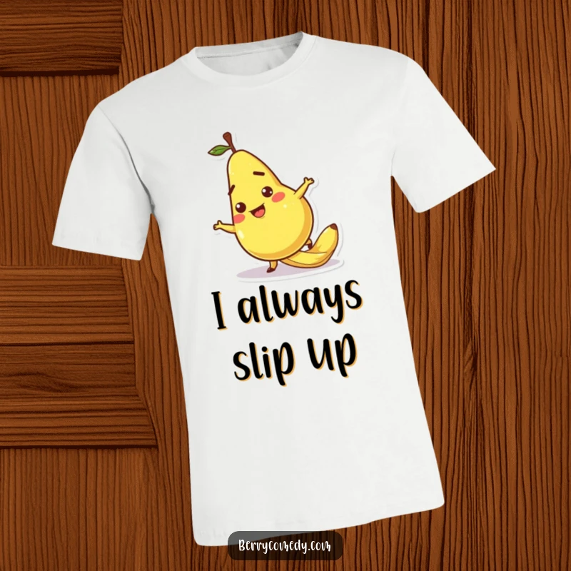 Funny t-shirt depicting a pear character comically slipping on a banana peel, its face a perfect cartoonish expression of surprise.