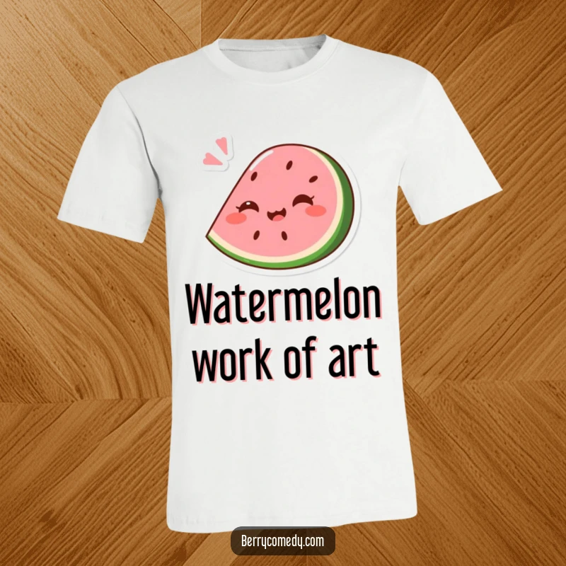 Funny T-shirt featuring a giggling pink watermelon wedge comically squashed slightly under a playful bounce, exuding pure summer fun.