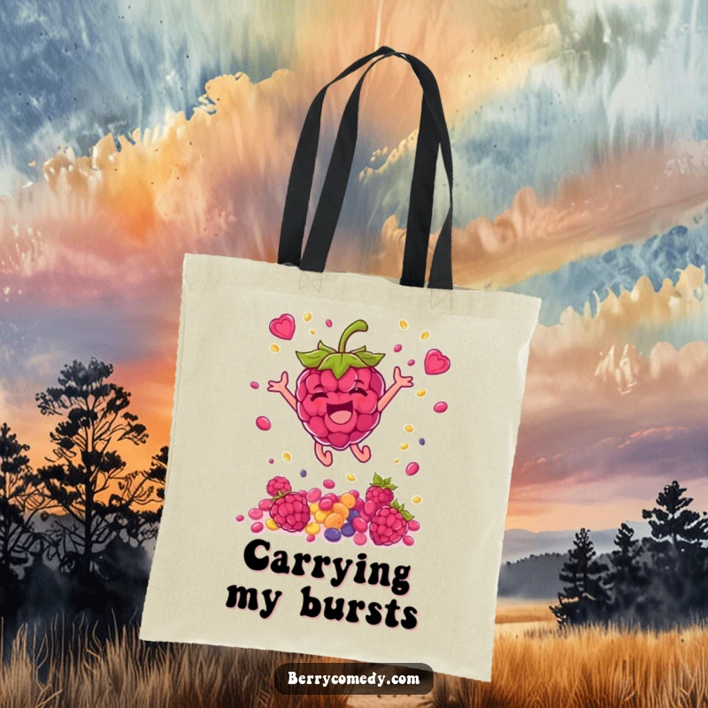 Funny tote bag illustrating a delighted raspberry showering colorful seeds as it leaps high, symbolizing exuberant joy and vibrant energy.