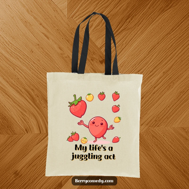 Funny tote bag featuring an ecstatic strawberry character juggling a medley of small fruits, radiating pure, unadulterated fun.
