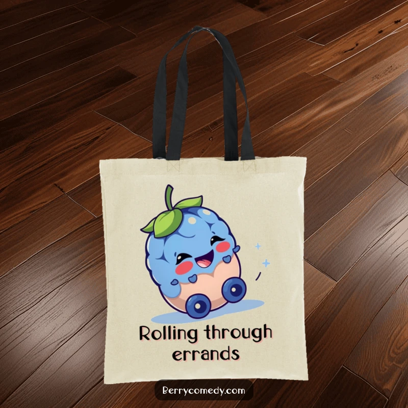 Funny tote bag illustrating a happy blueberry character rolling downhill, its eyes twinkling with playful mischief and adventurous spirit.